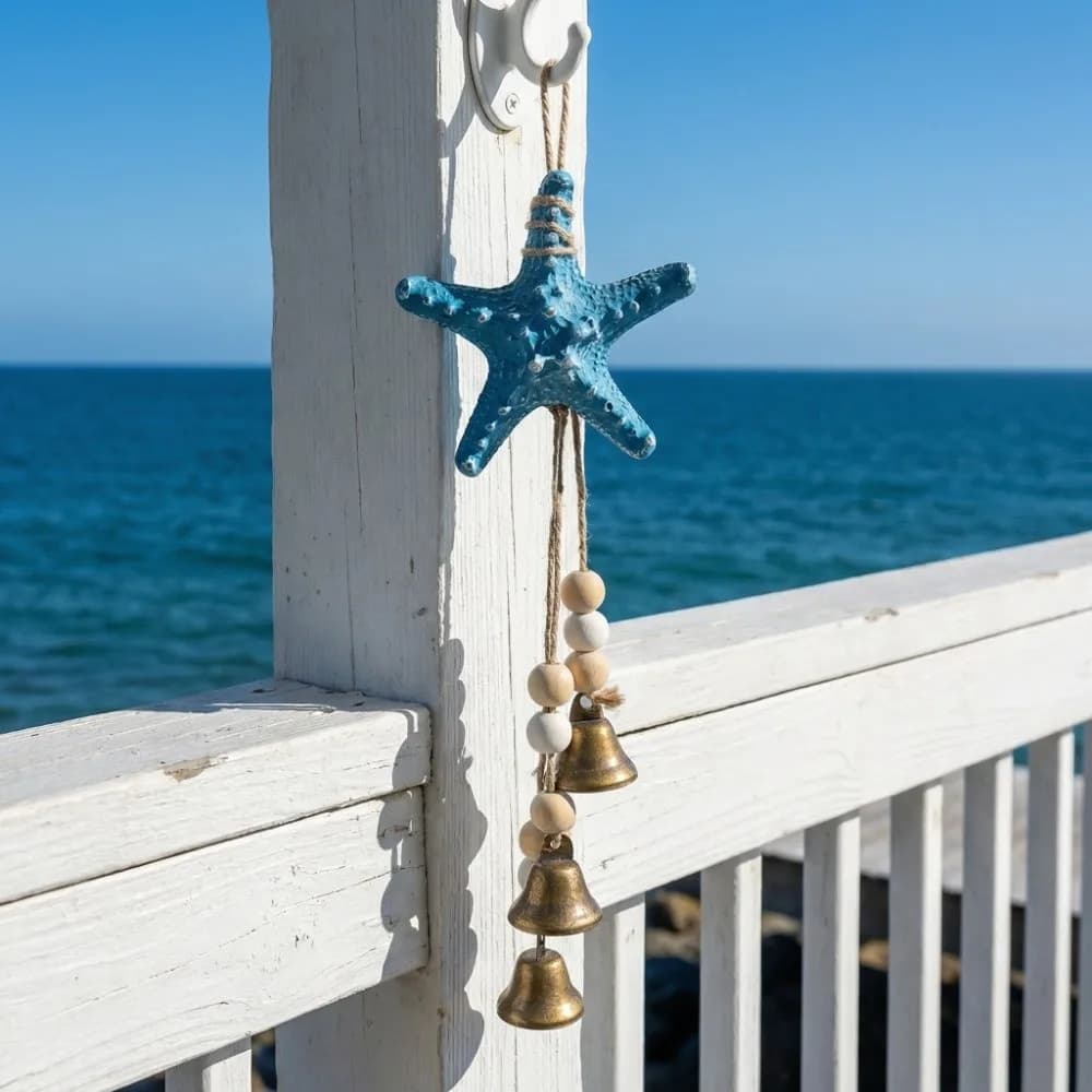 Creative Resin Starfish Wind Chime Metal Bells Wooden Beads Beach Decor Coastal Style Ocean Themed Hanging Ornament Patio Decor