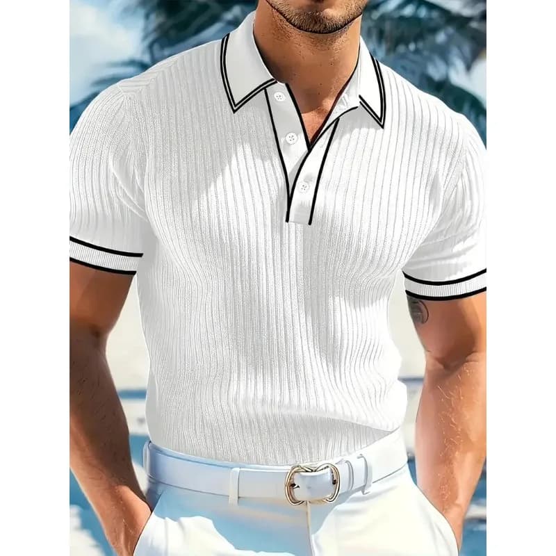 New Men's Short Sleeved Summer Color Blocked Striped Lapel Polo Shirt for Summer