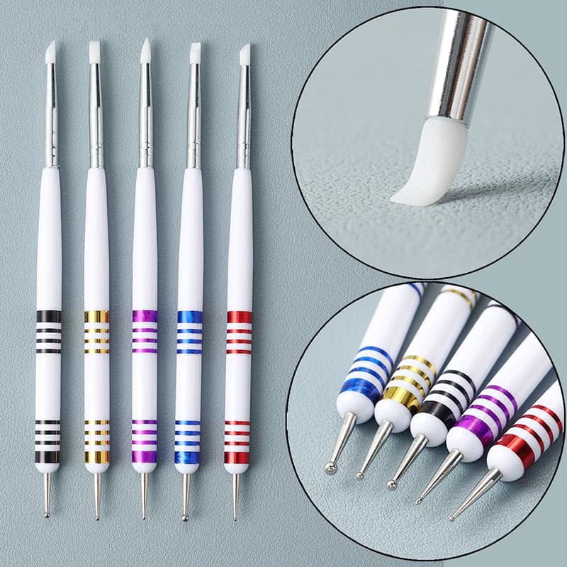 Set da 5 Pezzi: Penna per Nail Art a 2 Vie Fai-da-te, Strumento per Disegno e Pittura, Penna in Silicone per Nail Art, Pennello per Intaglio, Rilievo e Modellazione Gel