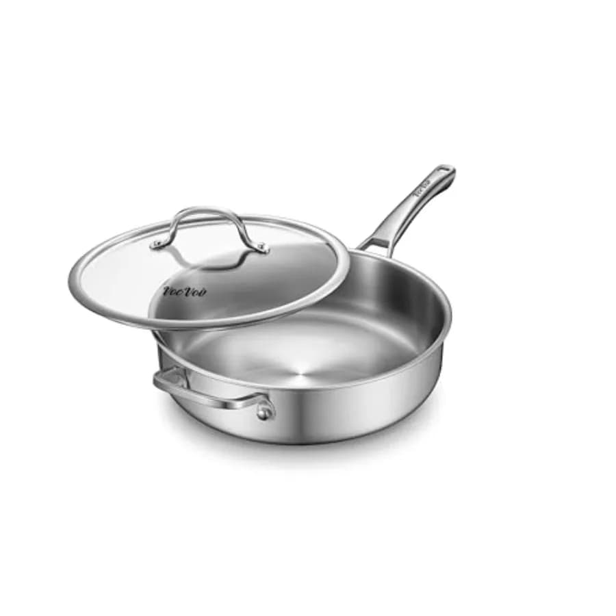 Padella in acciaio inossidabile con coperchio, padella per saute in acciaio inossidabile da 6 QT, padella da 12 pollici, senza PFOA e PTFE, padella a triplo strato, in acciaio inossidabile