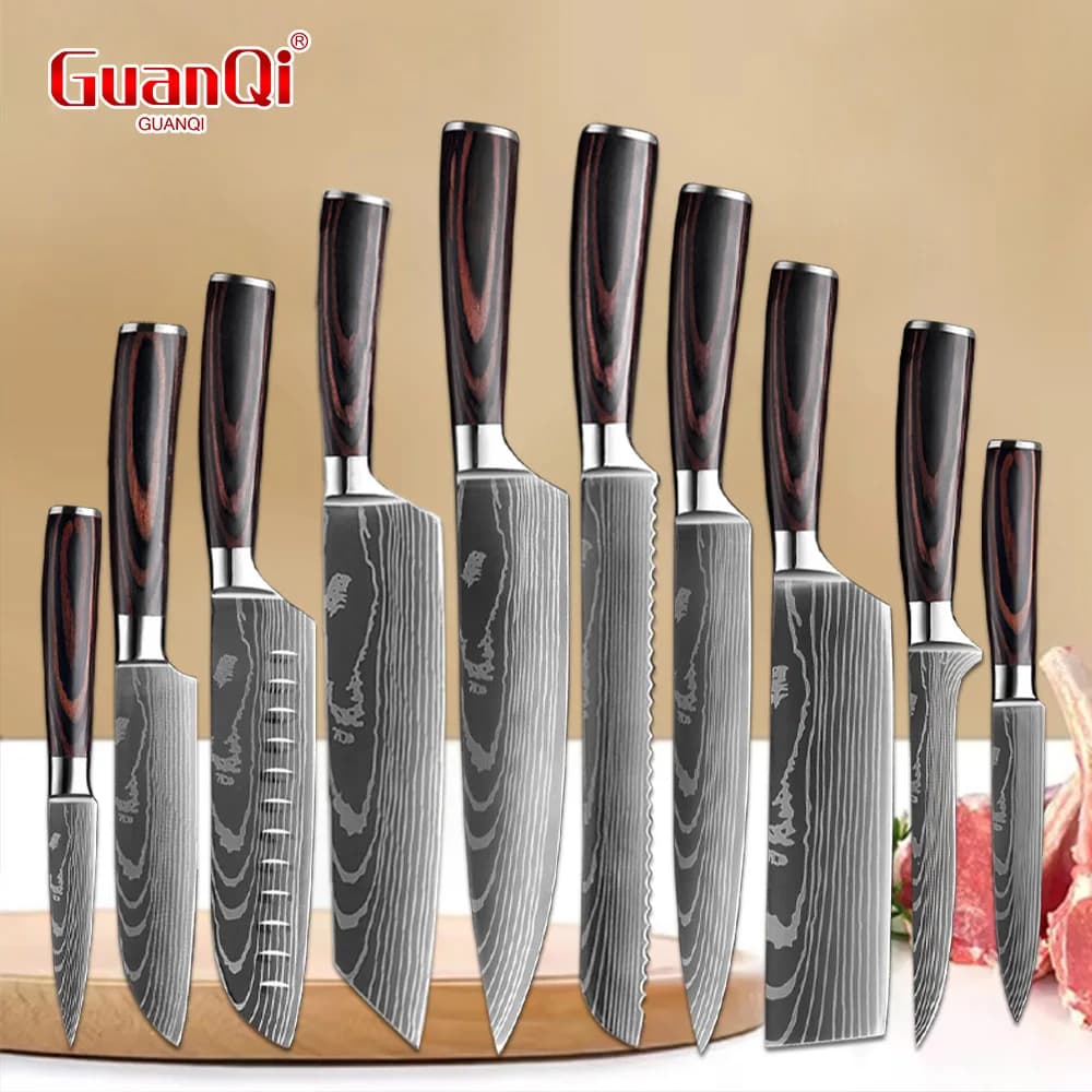 Stainless Steel Kitchen Knife Damascus Laser Chef's Knife Colorful Wooden Handle Slicing Knives Kitchen Utility Cooking Knife