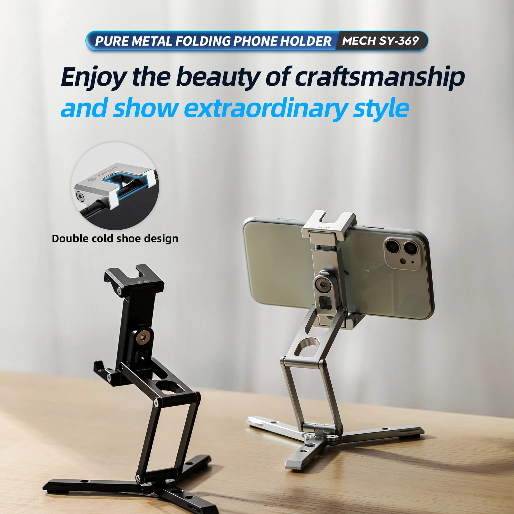 Supporto per telefono pieghevole Fotopro con scarpe fredde Supporto per treppiede per smartphone girevole multifunzionale portatile in alluminio SY369