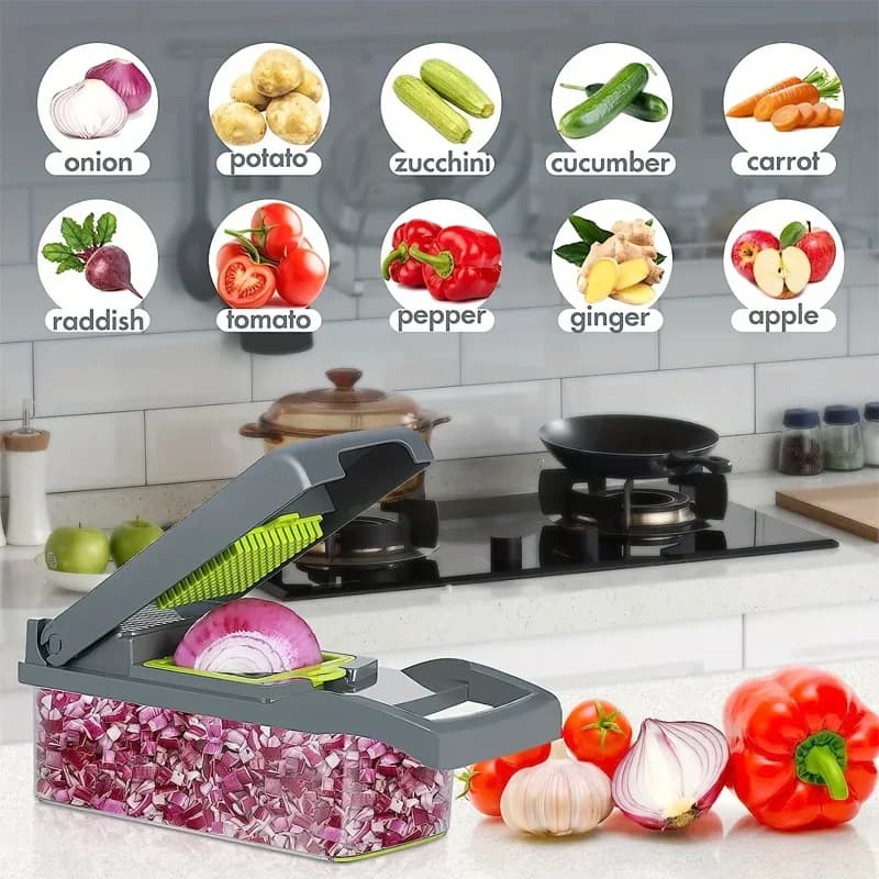 Set Tritatutto per Verdure da 14 o 16 Pezzi, Robot da Cucina, Affettatrice per Cipolle e Patate, Grattugia, Tagliaverdure con Manico per Preparazione Pasti