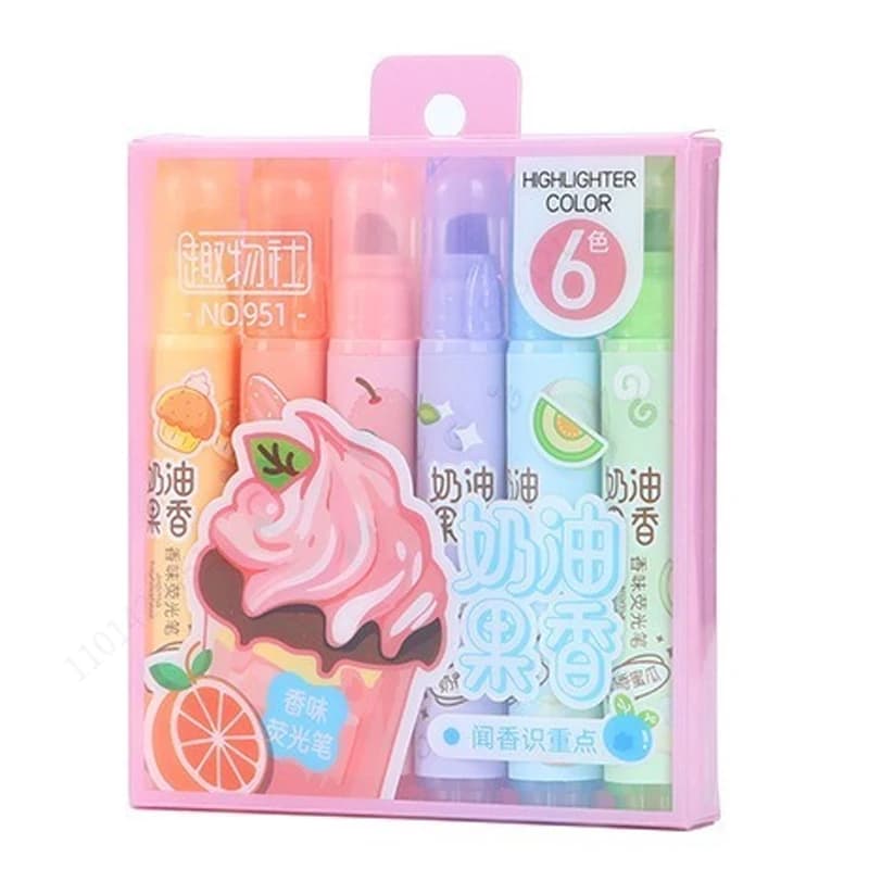 6 pezzi Evidenziatori con aroma fruttato cremoso Evidenziatore carino pastello Colori assortiti Asciugatura rapida per forniture per ufficio scolastico per diario biblico