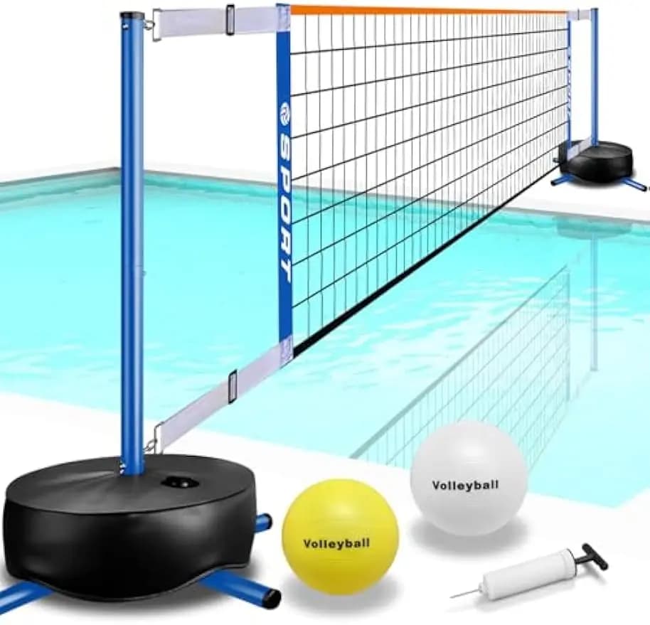Portable Swimming Volleyball System with Adjustable Length, Water Filled Bases and 2 Balls for Indoor/Outdoor Fun
