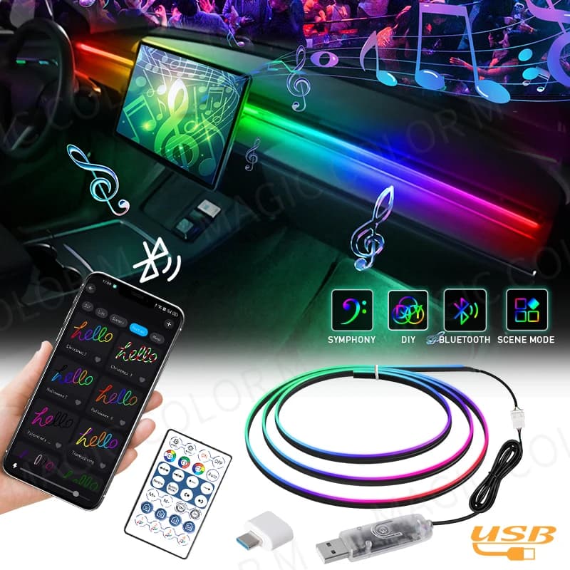 Vgetting 140/55.1 pollici Luci ambientali per auto 2in1 LED universale Sinfonia RGB Lampada per atmosfera USB APP remota per Tesla Model 3 YSX