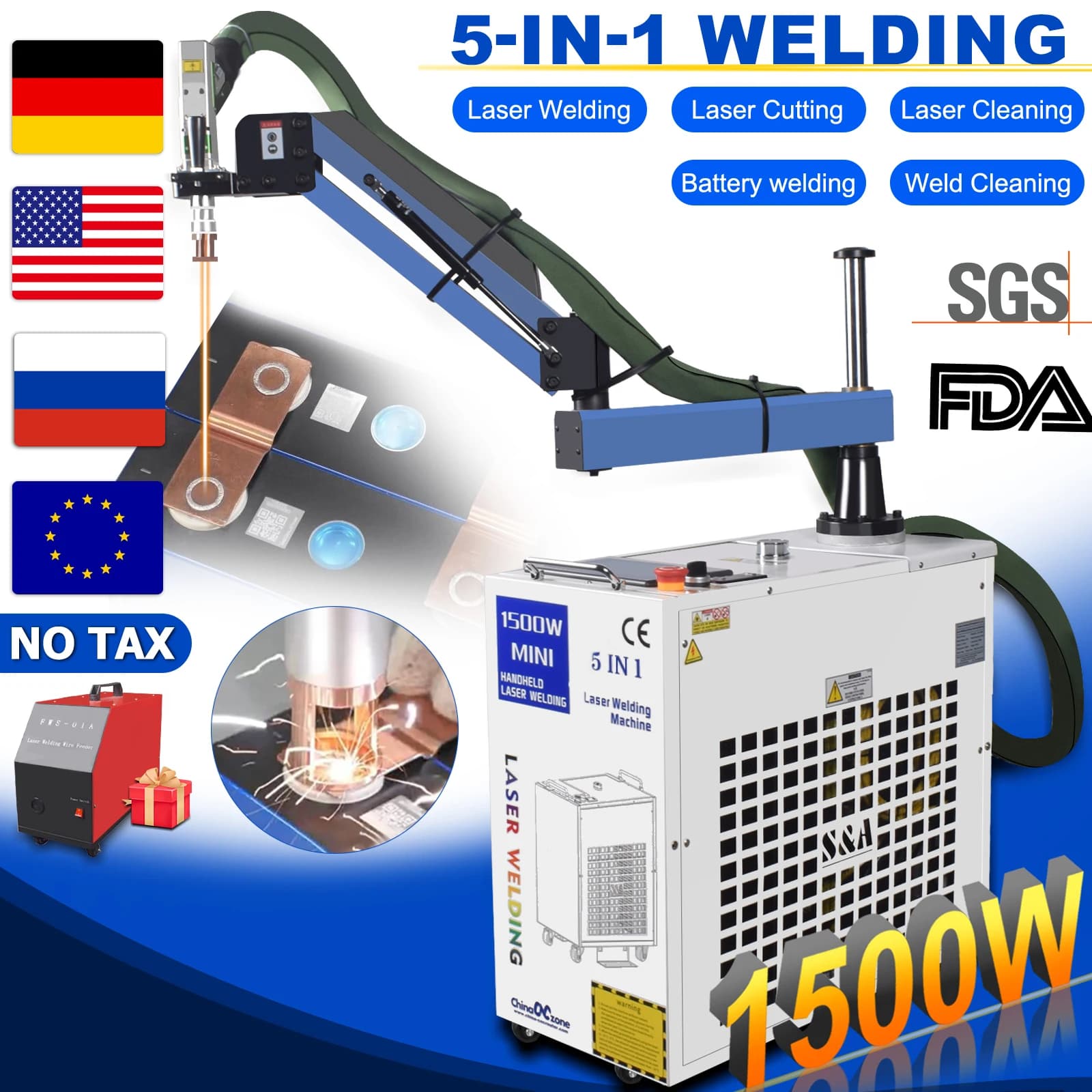 1500W 5-IN-1 Saldatore Laser Saldatrice Laser a Fibra Saldatura a Batteria Industriale per Ruggine Rimuovere Taglio Saldatura Doppio pendolo