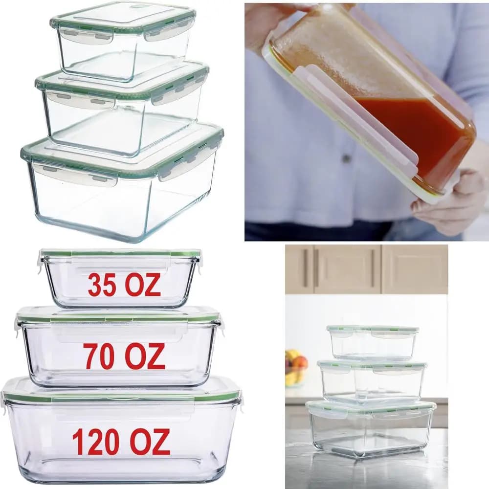 Grandi contenitori per la preparazione dei pasti in vetro con coperchi: set da 120 oz, 70 oz, 35 oz, a tenuta stagna, sicuri per il forno