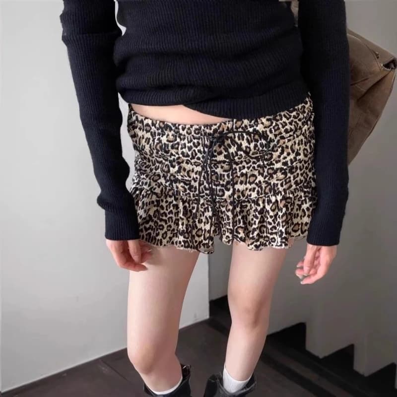 Gonne con torta fasciatura con stampa leopardata Donna Y2K Estate Retro Streetwear Minigonne per ragazze calde americane Gonna a vita alta chic