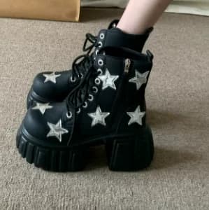 PU Leather Round Toe Mid-Calf Belt Buckle Stars Platform Women Boots Chunky Middle Heels Lace Up Zipper Design Shoes