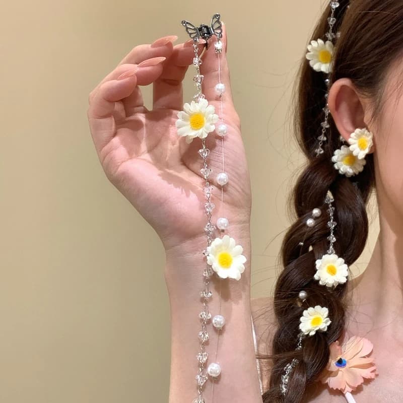 1pc Daisy & Pearl Hair Chain Set – Butterfly Clip + Floral Beaded Tassel for Braids, Boho Fairy Style Summer Photo Accessory