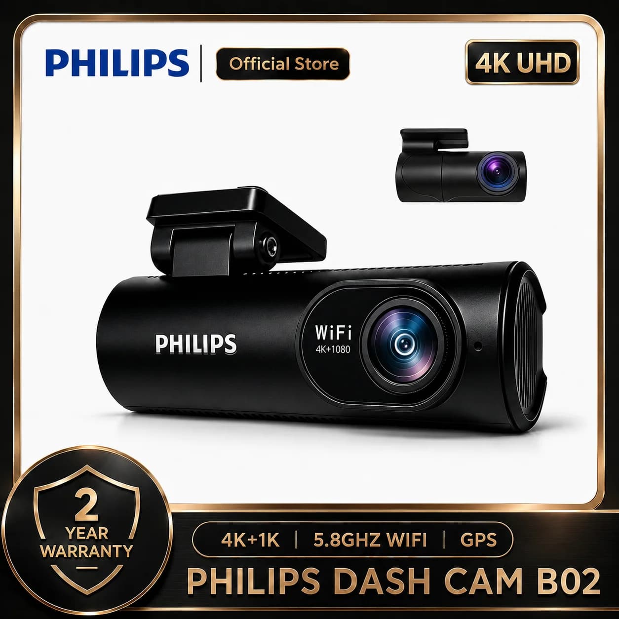PHILIPS Dash Cam B02 4K+1K HDR Dual Camera Front and Rear 2.4GHz & 5GHz WiFi GPS 24H Parking Monitor APP Control Car DVR