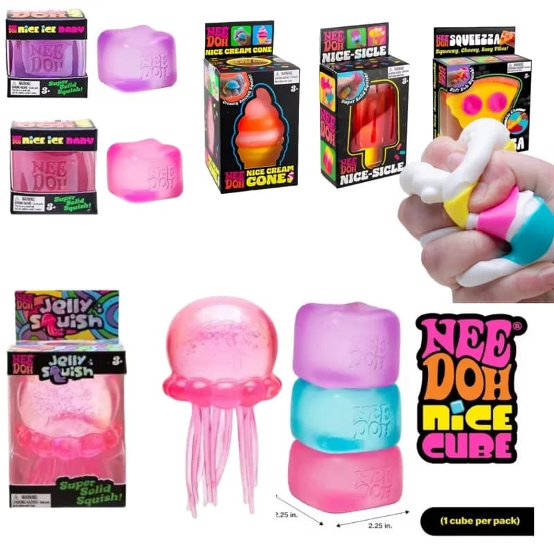 Nee Doh Jellyfish & Cube Squish Toy, Soft Jelly Squeeze Stress Relief Fidget Toy, Sensory NeeDoh for Kids & Adults
