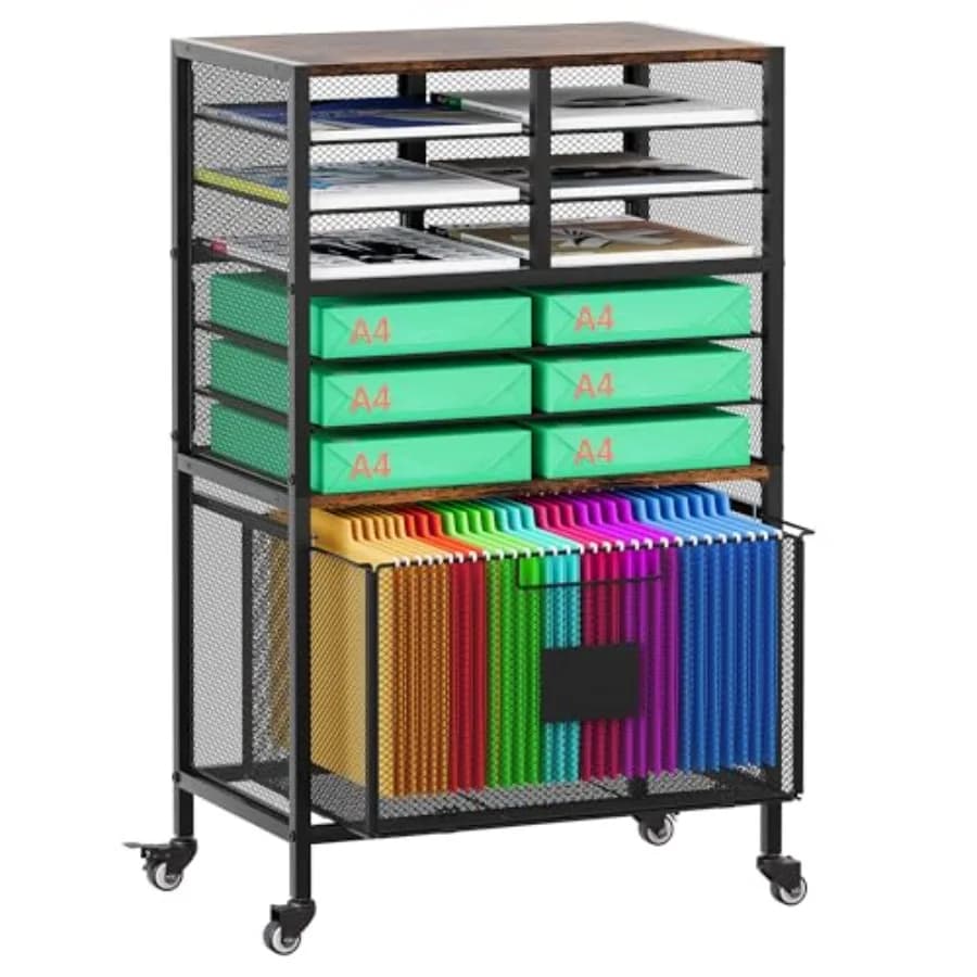 Carrello con cassetto portaoggetti sotto scrivania, schedario con smistatore di posta e portadocumenti estraibile per cartelle formato lettera