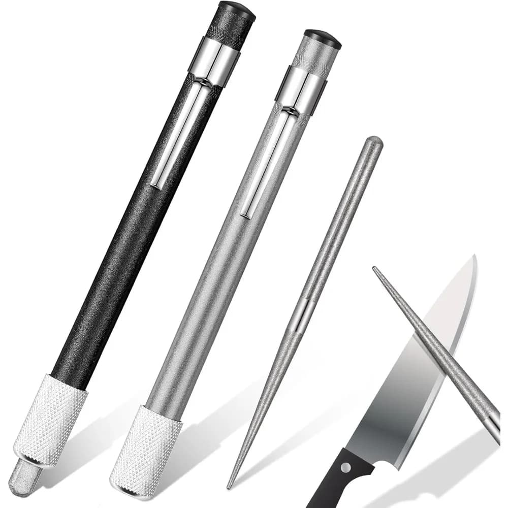 Set di 2 Affilatori a Diamante Retrattili, Asta in Acciaio per Affilare Utensili da Cucina e Outdoor (Argento, Nero)