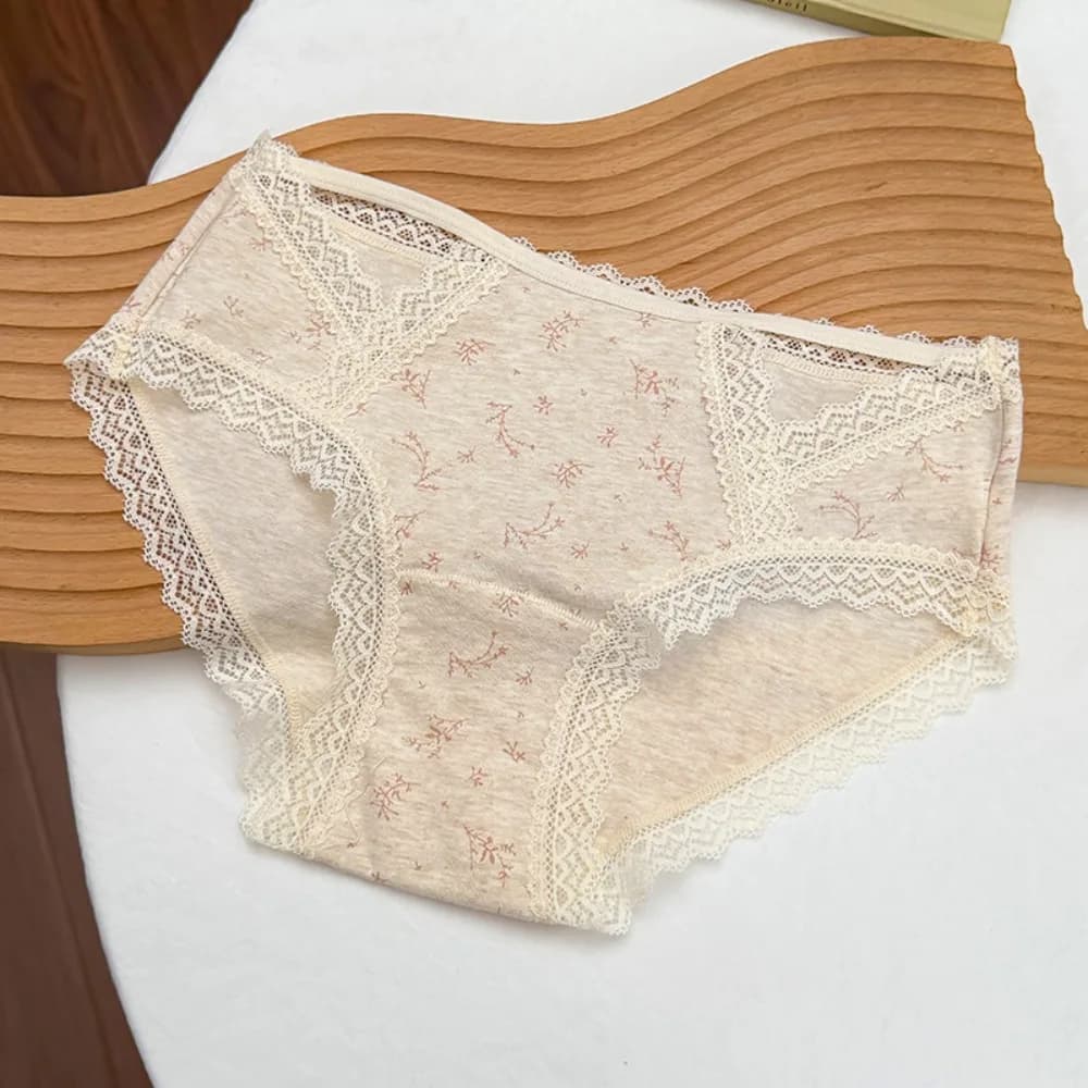 Transparent Lace Cotton Panties Mid Waist Printing Underwear for Women Bear Seamless Floral Lace Briefs Spring Summer