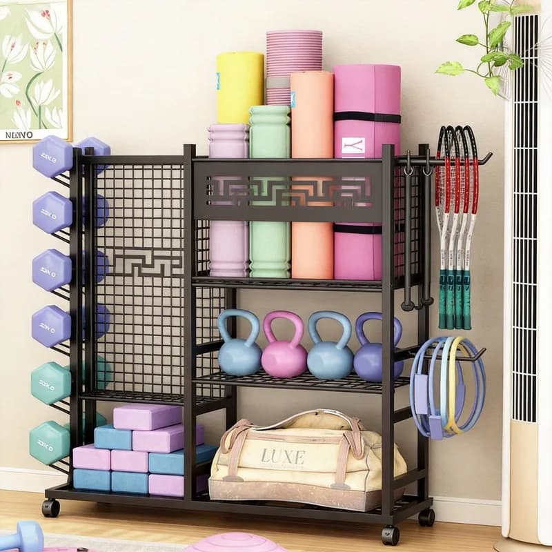 Portable Household Living Room Storage Rack for Yoga Mat Badminton Racket Foam Roller Sports Fitness Equipment Organizer