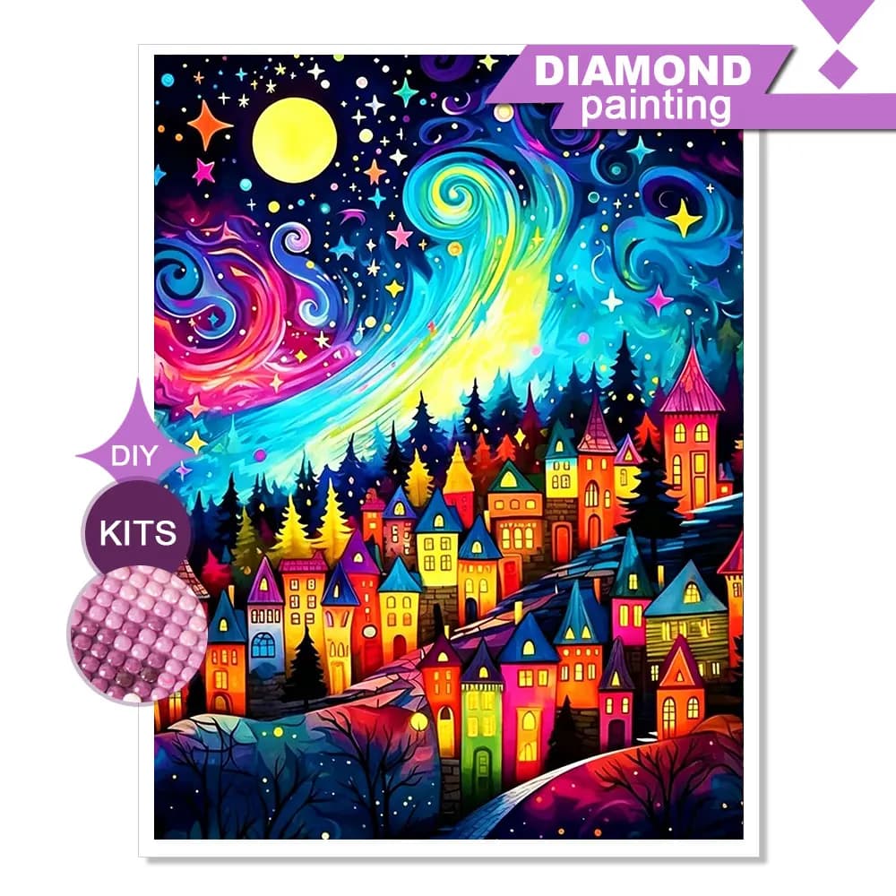 Huacan Full Square Round Diamond Painting Starry Sky Fairy Tale Town Diamond Embroidery Landscape New 2026 Decorative Paintings