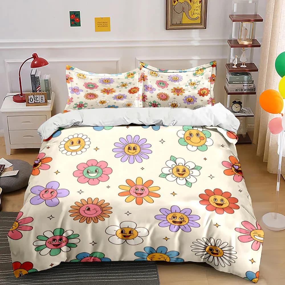 Set di biancheria da letto con stampa di fiori sorridenti in stile cartone animato, morbido e confortevole, include 1 copripiumino e 2 federe, regalo di lusso.