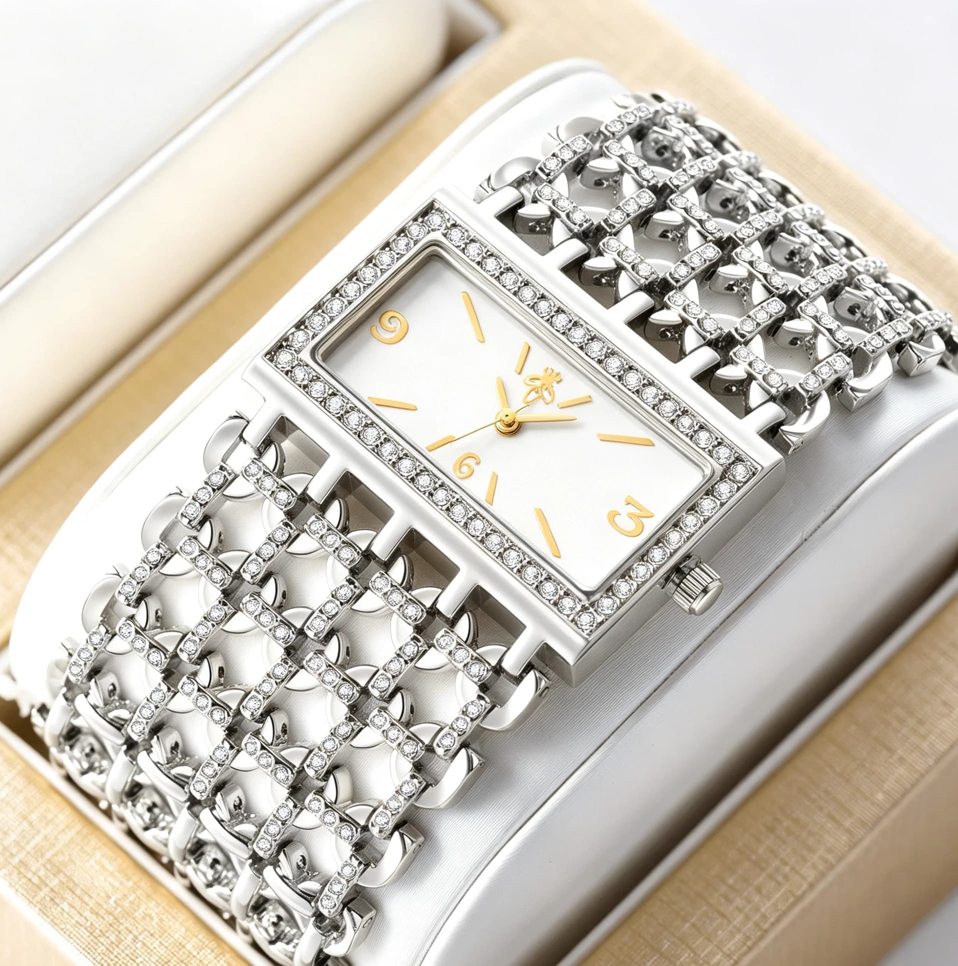 YaLaLuSi Luxury Silver Diamond Rectangle Women Watch Bling Rhinestone Hollow Chain Bracelet White Dial Gold Numeral Quartz Wristwatch Elegant Dress Jewelry Gift Watch for Ladies with Gift Box
