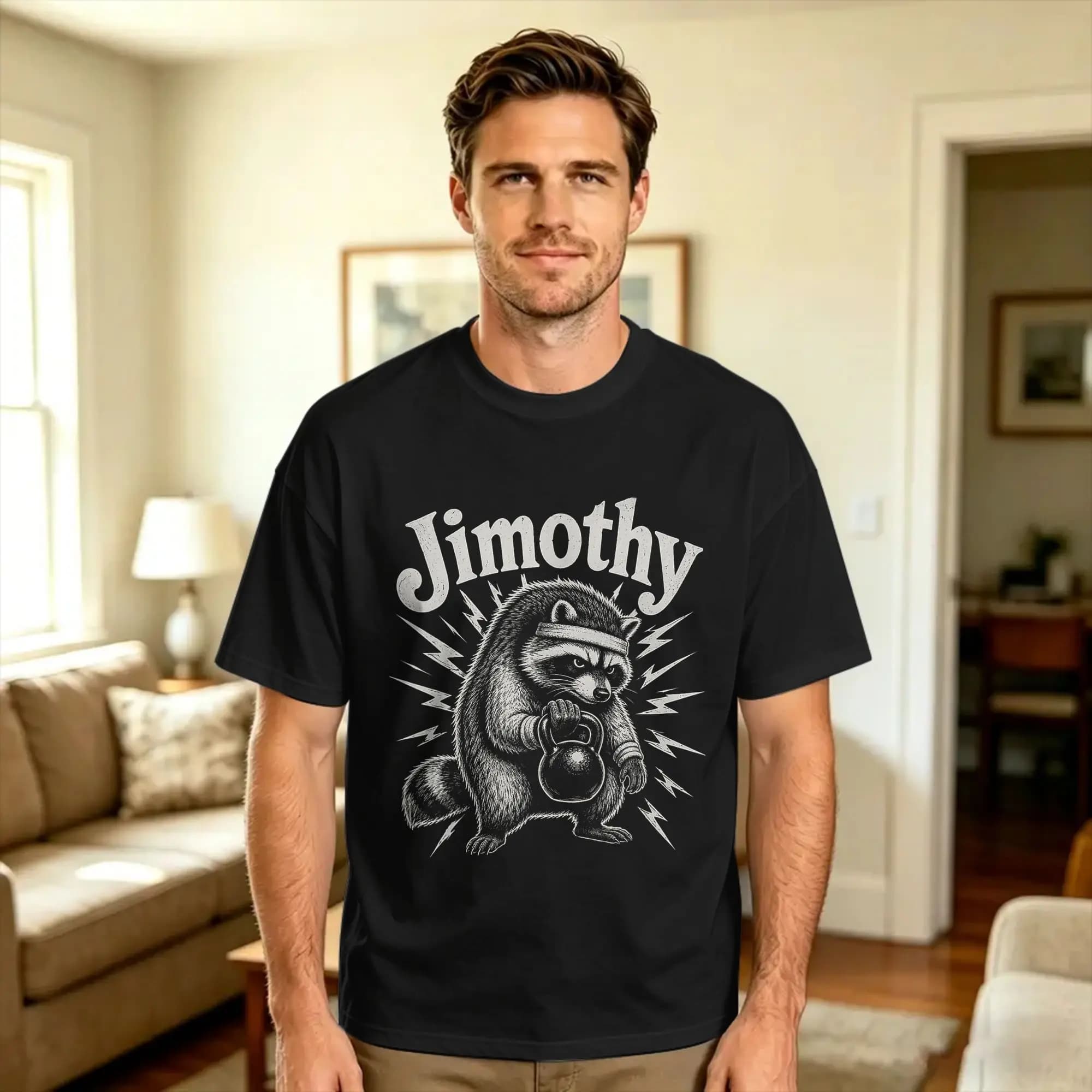 Jimothy Kettlebell Raccoon Funny Exercise Workout Meme Cotton T-Shirt For Mens Summer Y2K Retro T Shirts Trending Tee Shirt