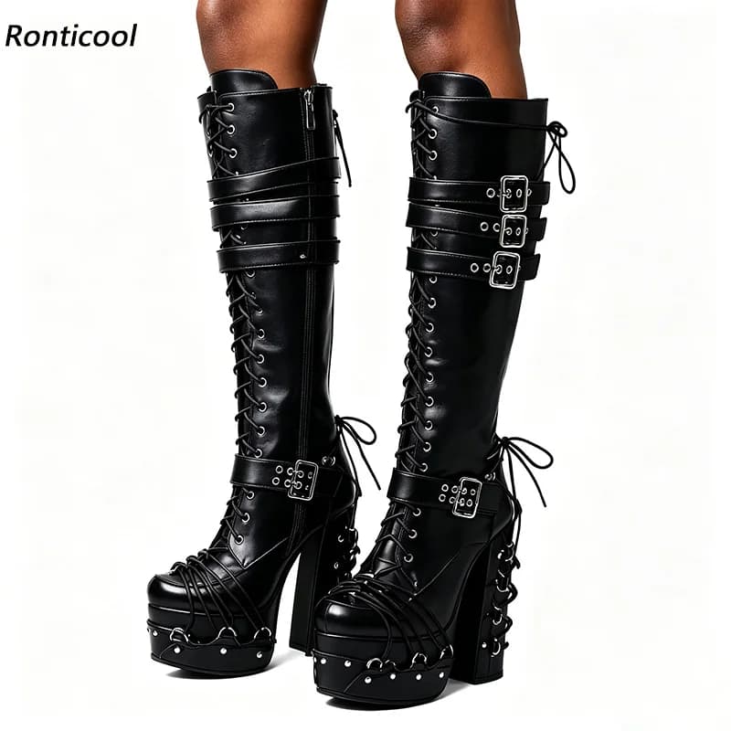 Ronticool Handmade Women Punk Style Knee High Boots Side Zipper Chunky Heel Round Toe Black Night Club Shoes US Size 5-20