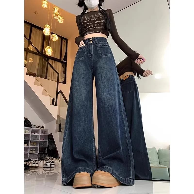 American Style Loose Wide Leg Jeans Women's Bell Bottoms High Waist Summer New plus Size Straight Cut Floor Length Trousers