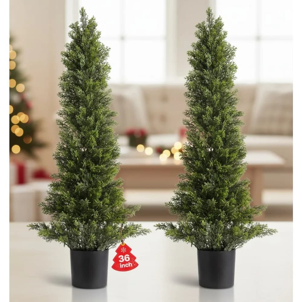 36 Inch Artificial Cedar Trees, Pack of 2, Realistic Pine Plants for Interior Garden Furnishing of Outdoor patio