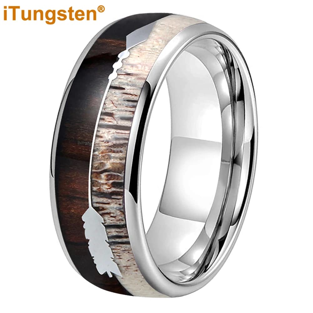 iTungsten 8mm Anello con freccia Corna di cervo Koa Intarsio in legno Uomo Donna Moda Fascia di fidanzamento in tungsteno Comfort Fit