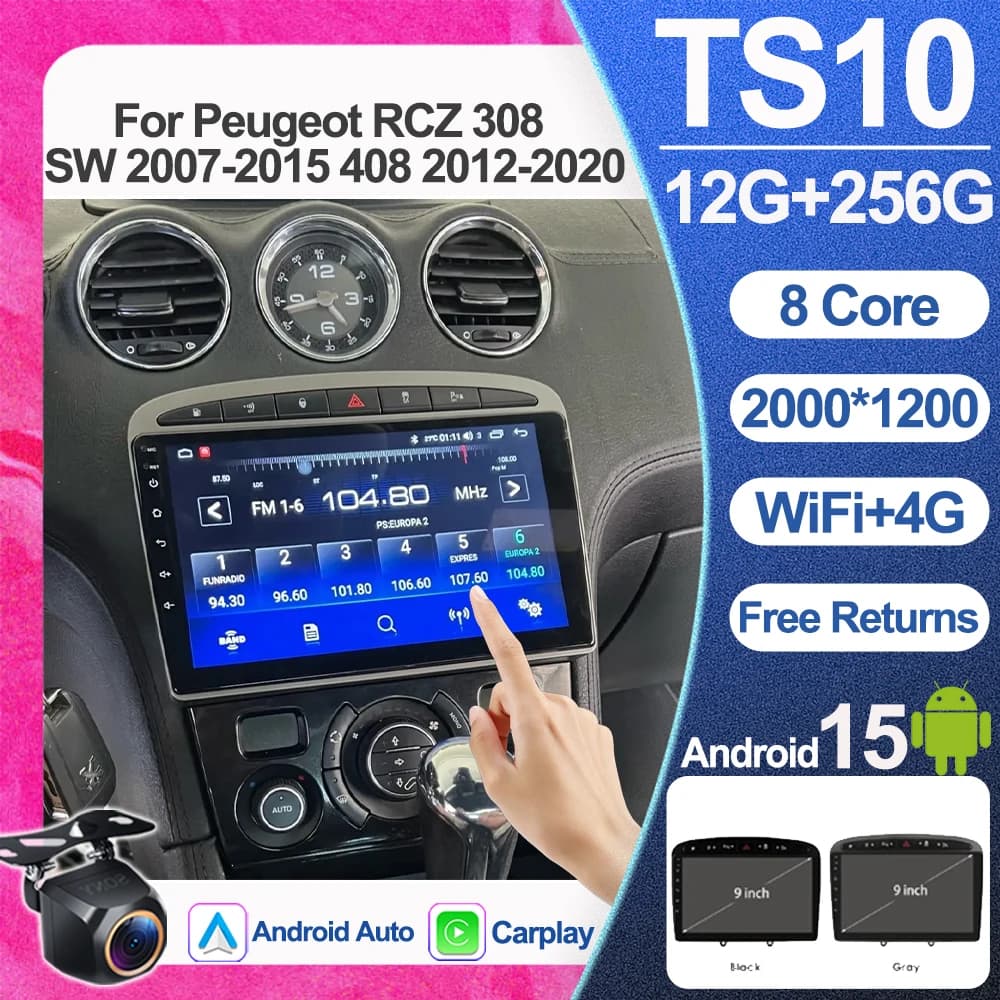 Autoradio da 9 pollici per Peugeot RCZ 308 SW 2007-2015 408 2012-2020 con Car Play, Android Auto, lettore multimediale, GPS, Bluetooth.