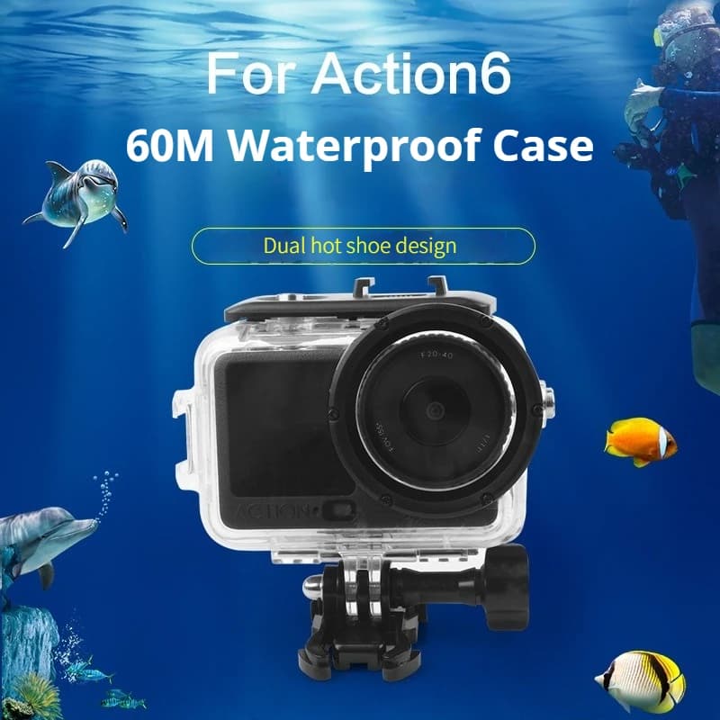 Waterproof 60M Case for DJI Action 6 Camera Accessories, Protective Cover with Double Slip Attachment for Underwater Operations and Snorkeling