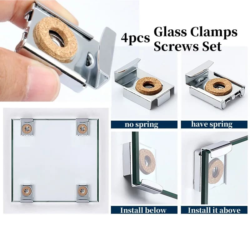Kit di fissaggio per appendere a parete in vetro per specchio da bagno, 4 pezzi, staffe da parete cromate, morsetti, clip senza telaio, morsetto per montaggio