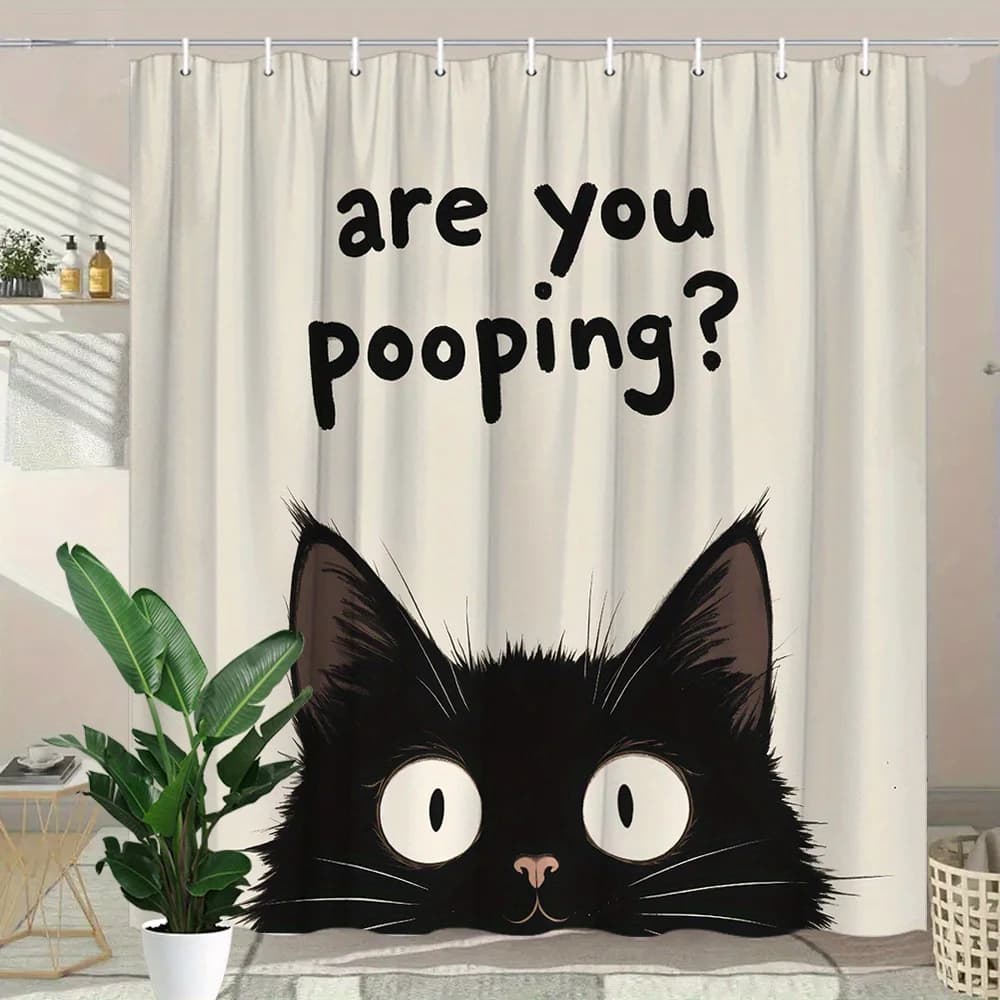 Umoristico gatto nero merda tenda da doccia occhi grandi design moderno, 12 ganci, decorazione del bagno, regalo per gli amanti dei gatti Tenda da doccia