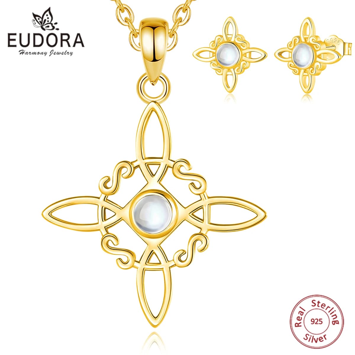 Eudora 925 Sterling Silver Witches Knot Necklace & Earrings 18K Gold Plated Moonstone Celtic Knot Wicca Jewelry Set Women Gift