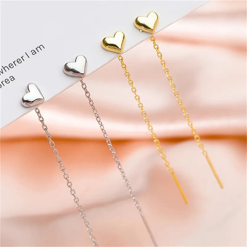 Minimal Heart Threader Earrings Gold Silver Polished Small Heart Stud Long Thin Chain Pull Through Drop Earrings Dainty Sweet Women Daily Wedding Jewelry