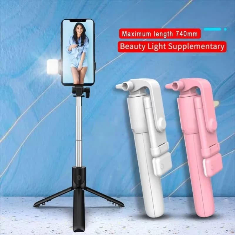 Treppiede portatile pieghevole per selfie stick con telecomando Bluetooth staccabile con luce selfie a LED per supporto video live per telefono