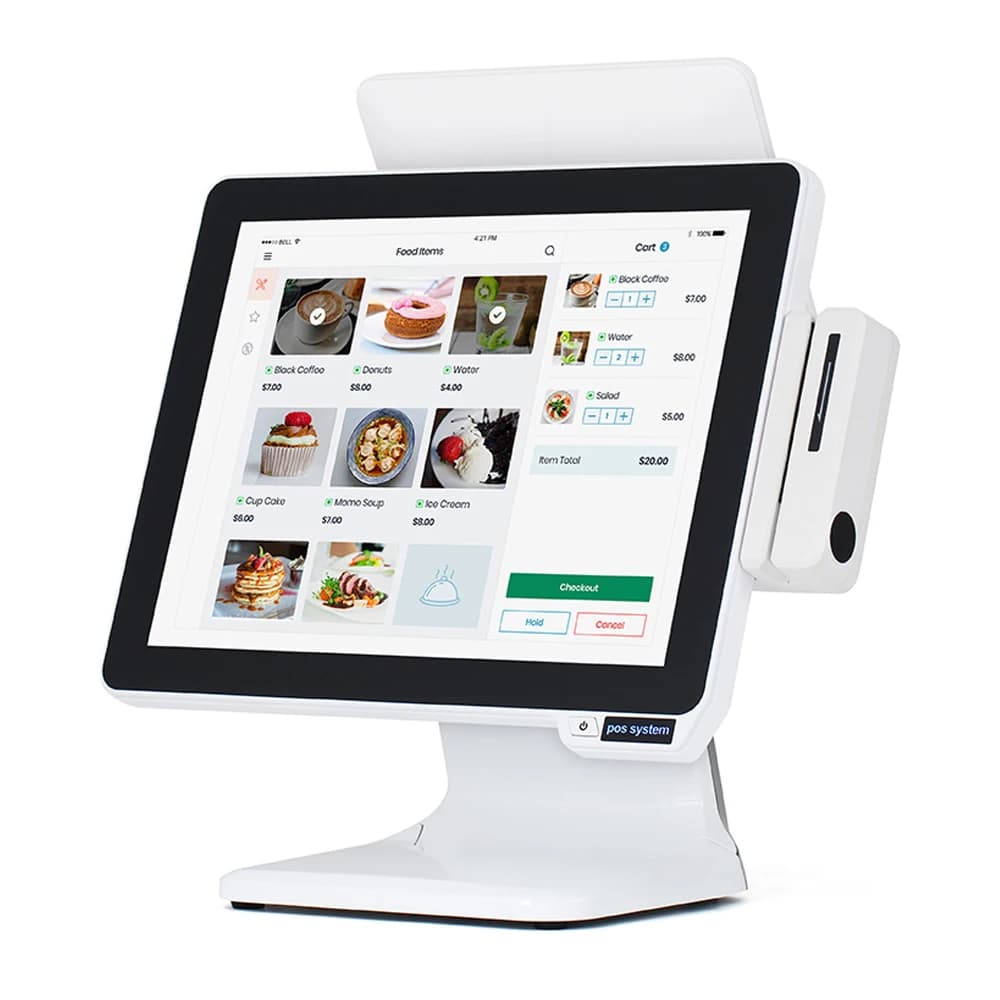 Prodotto di punta: Terminale POS touchscreen True Flat da 15 pollici con Windows 10, sistema POS con lettore di carte NFC per supermercati