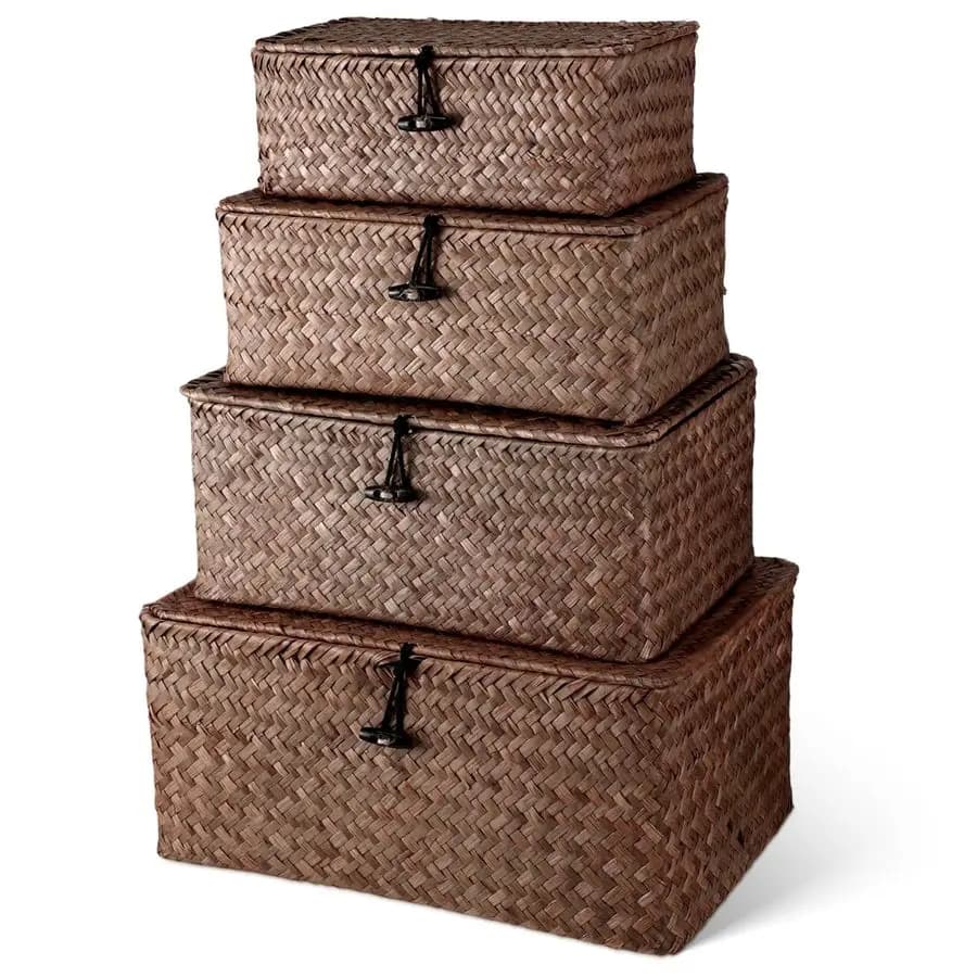 Set of 4 Baskets Wicker Containers Hand-woven with Organization Cover, Multipurpose Boxes for Home and Office