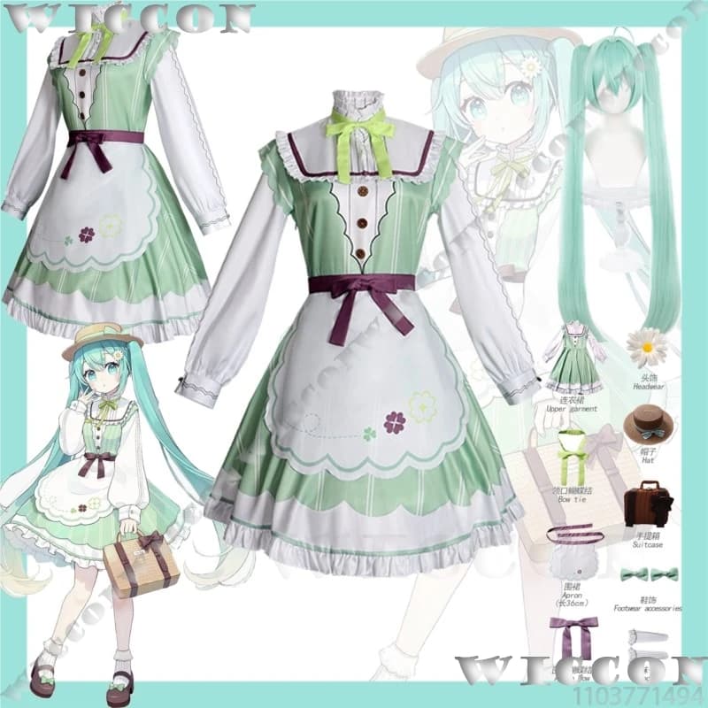 Paese Mikkuku Anime Gioco PJSK Cosplay Go Abbigliamento da trekking Cla Lolita Abito Abito verde Cappello di paglia Parrucca Ragazza Carnevale di Halloween Cos