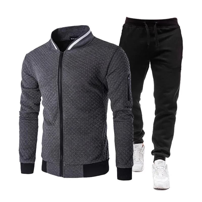 Men Diamond Quilted Zipper Jacket Jogger Pants Set Stand Collar Casual Sports Tracksuit Outfit Set