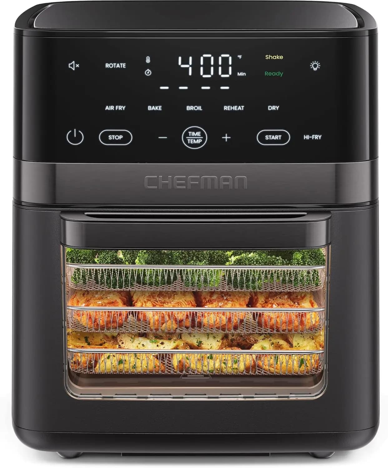 Friggitrice ad Aria XL 6-in-1 da 14 Litri, con Girarrosto, Essiccatore, Forno a Convezione, Touchscreen e Sportello Trasparente - Nera