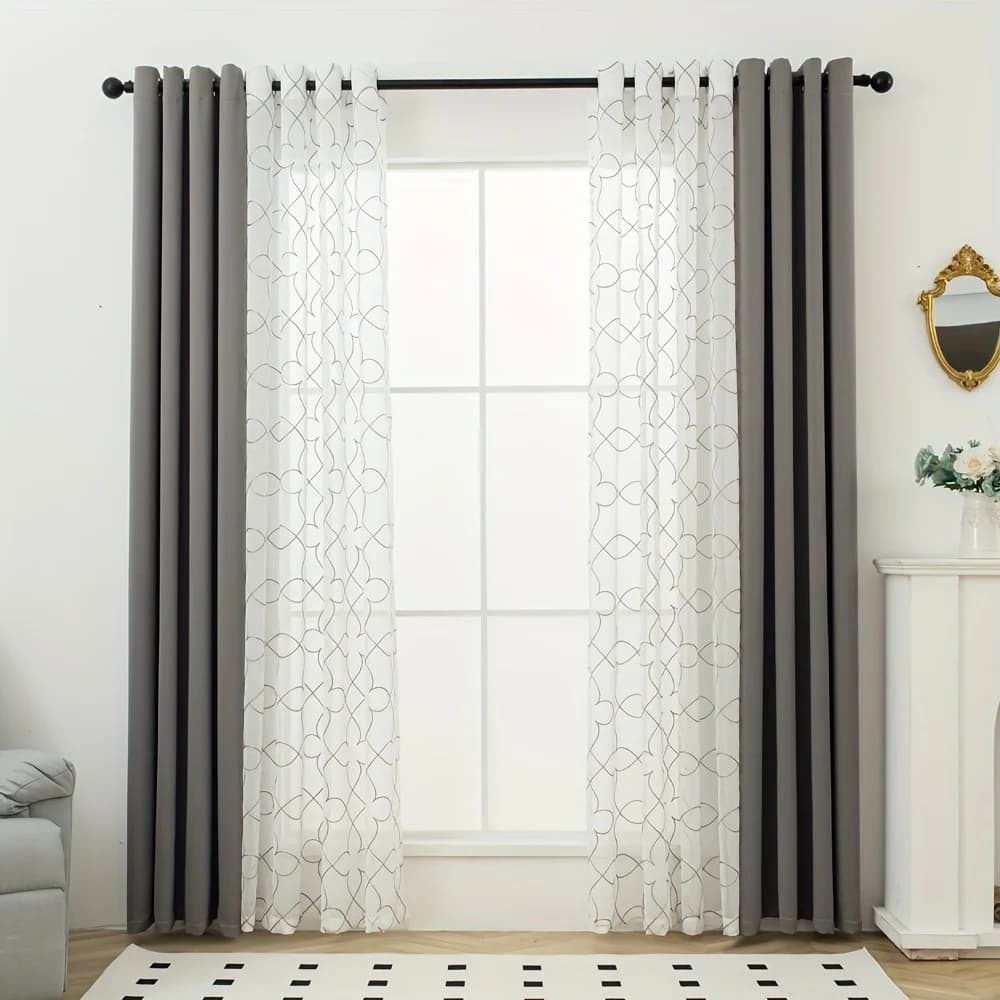 4pcs Elegant Blackout Curtains with Geometric Embroidery - Sun-Blocking, Heat-Insulating Drapes for Living Room, Bedroom, and Dining Area Decor, Machine Washable Polyester Fabric, Contemporary Style, Grommet Top Hanging, All-Season Use, Room Darkening Dra
