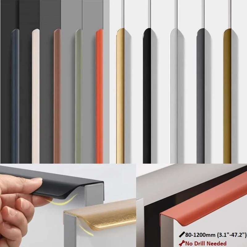 Maniglie per mobili invisibili in alluminio da 80 mm-1200 mm | Maniglie per guardaroba con barra sigillata con bordo curvo in 10 colori per cassetti/cucina, senza perforazione