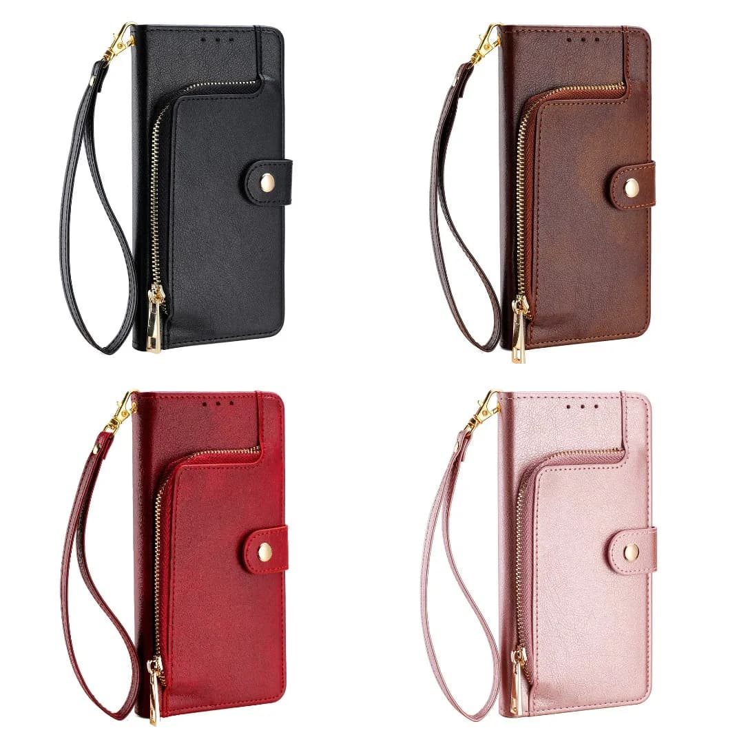 Custodia a portafoglio in pelle con cerniera per VIVO IQOO 12 9 8 7 Neo 9 Pro Z9 Z9x Z8 Z7 Z7x Z6 Z5 Z3, con porta carte e cinturino da polso