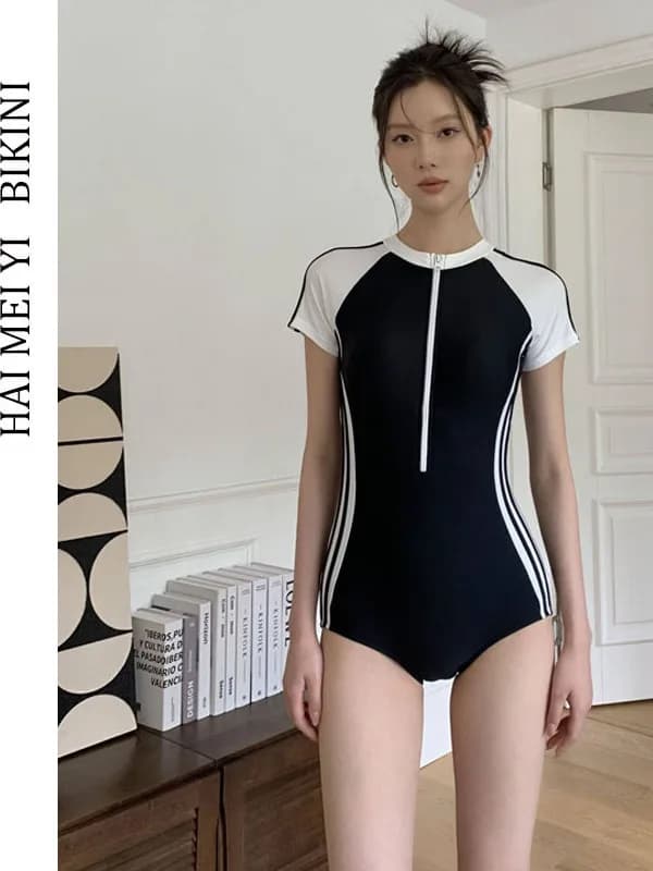 Costume da bagno intero da donna stile conservatore, a maniche corte, termico, per spa, modellante, che copre la pancia, dal design sportivo