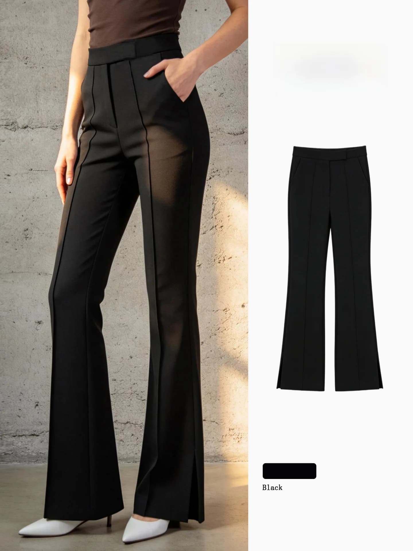 Pantaloni Neri a Vita Alta Micro Flare da Donna, Estivi, Drappeggiati, che Nascondono le Fianchi, Pantaloni Eleganti da Ufficio per il Lavoro