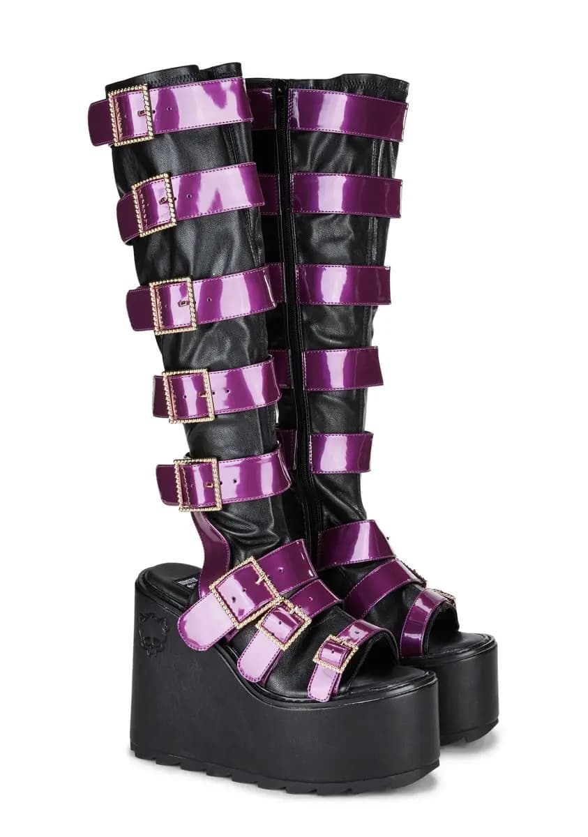 Style punk purple Round Toe Buckle Belt High Knee Sandals Women's Knee Boots Wedges High Heels Strap with Buckle Design Large Shoes