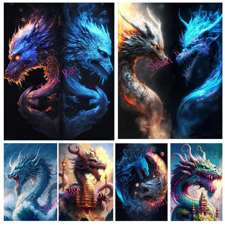 Large Diamond Mosaic Chinese Dragon Sea King 5D DIY Diamond Painting Cross Stitch Embroidery Kit Ancient Ferocious Animal Art