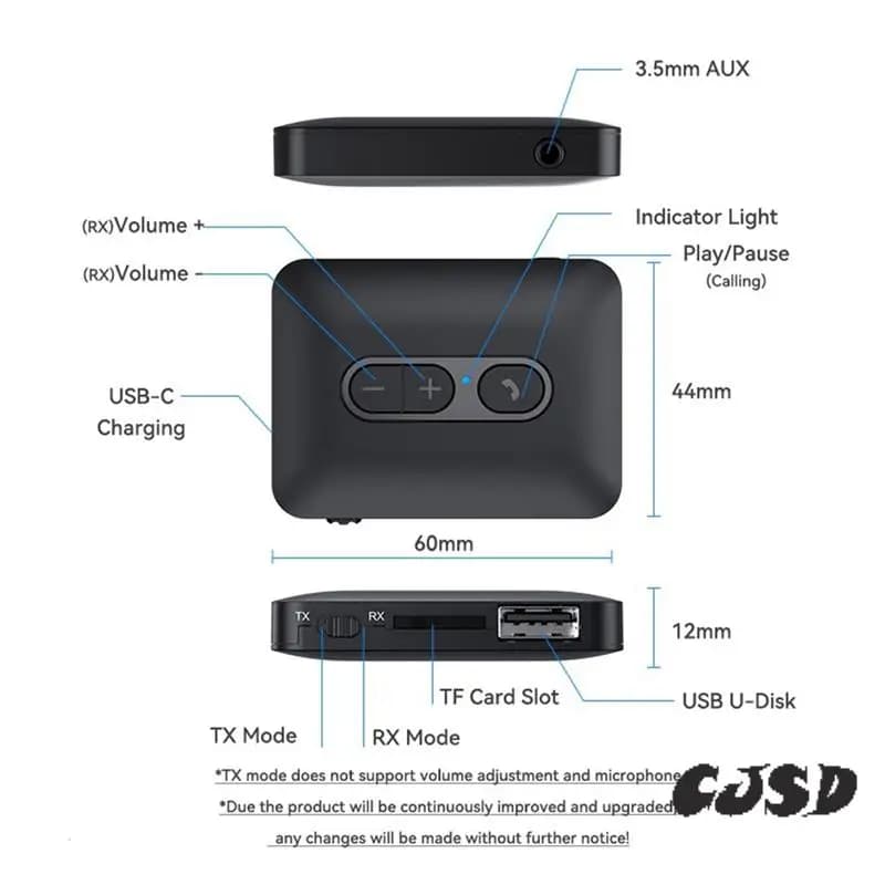 CJSD-Bluetooth 5.4 Ricevitore audio Trasmettitore USB U-Disk TF Card Play Adattatore wireless per musica stereo AUX da 3,5 mm con microfono