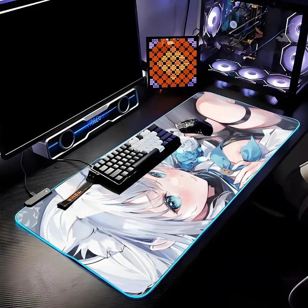H-hololive Shirakami Fubuki Mouse Pad RGB HD Tappetino per mouse Tappetino da scrivania Tappetino per computer Accessori per PC da gioco Tappetini per tastiera in gomma con LED